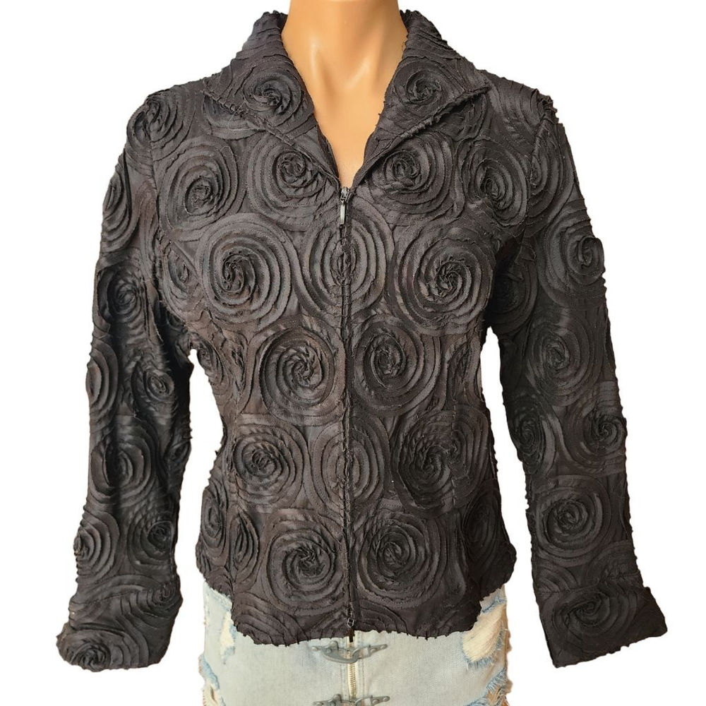 SAMUEL‎ DONG Black Rose Textured Stretch Zip-Up Blazer M